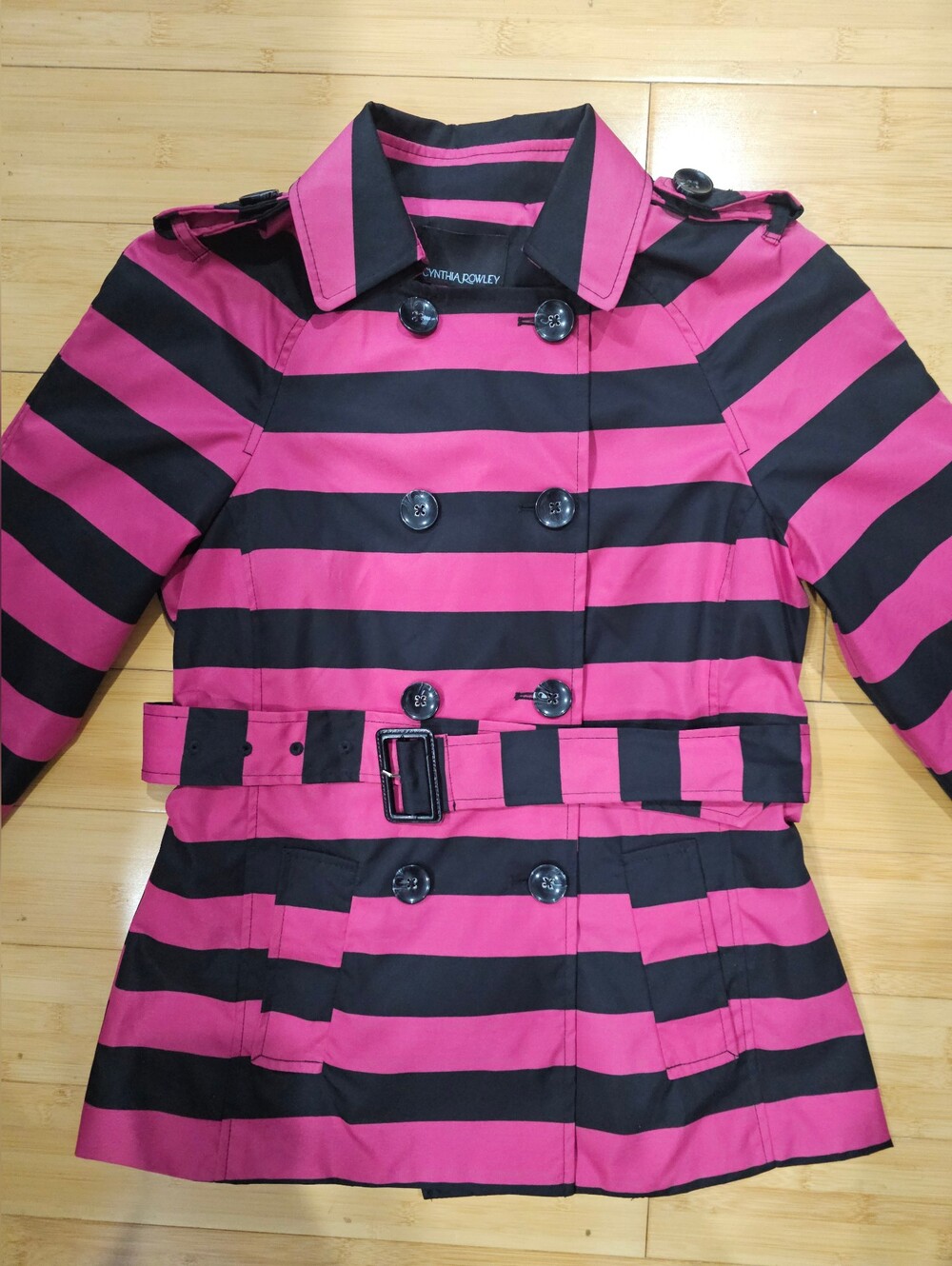 Cynthia Rowley Black Pink Striped Double Bressted Button Rain Jacket Coat Trench - Picture 14 of 16